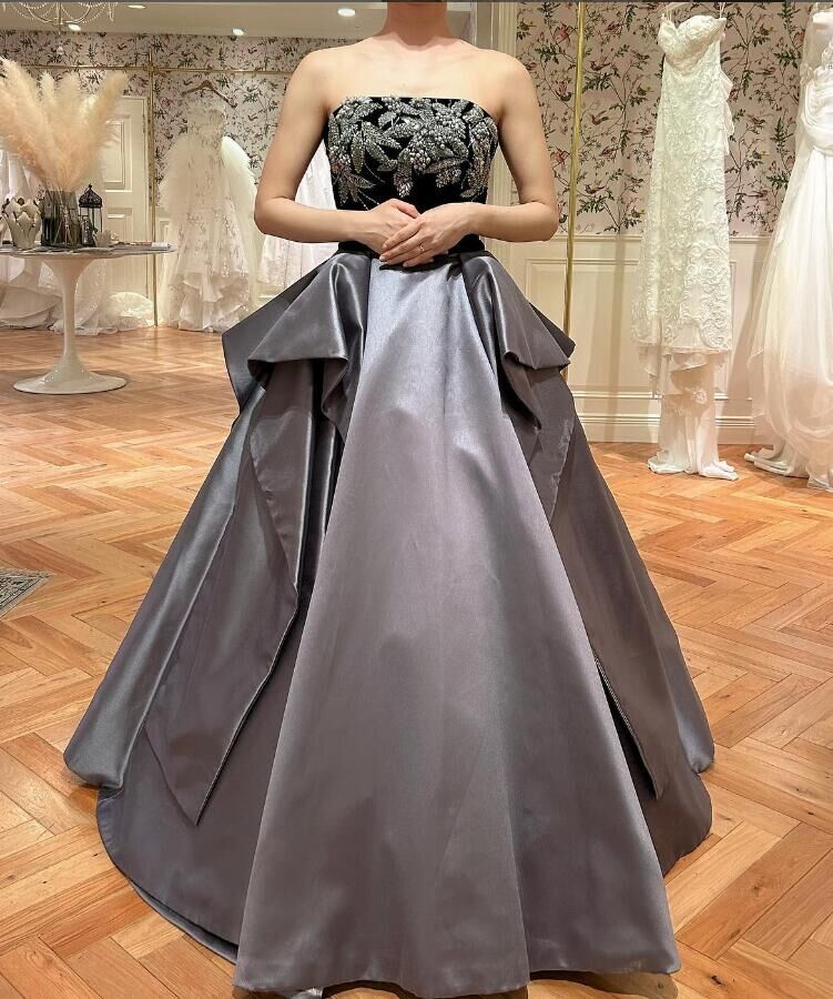 パーティードレス シルバーグ 3D立体レース刺繍 ラッフルフリル ロング