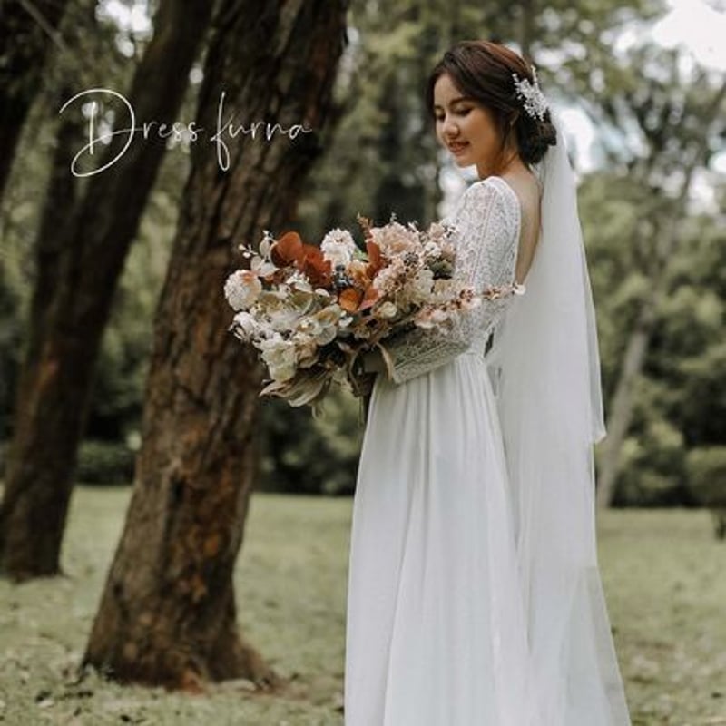 背中開き レース ウエディングドレス 二次会 袖あり 花嫁 結婚式 背中開き レース ウエディングドレス 二次会 袖あり 花嫁 結婚式
