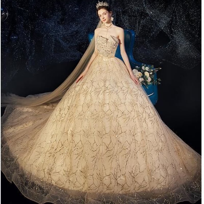 カラードレス シャンパン色 キラキラチュール ベアトップ プリンセス  