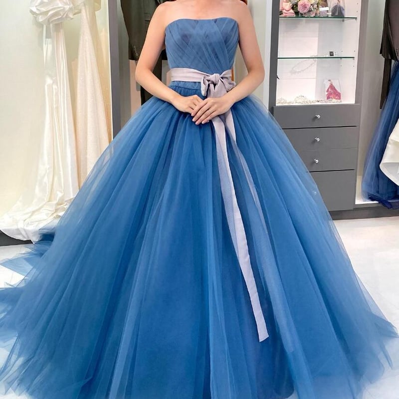 豪華！ カラードレス 爽やかで優しいブルー 取り外しオフショルダー  