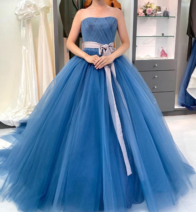 豪華！ カラードレス 爽やかで優しいブルー 取り外しオフショルダー  