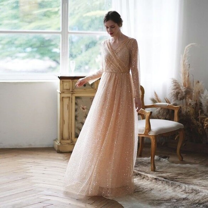 カラードレス ウェディングドレス 袖あり ドレス 二次会 前撮り 後撮り