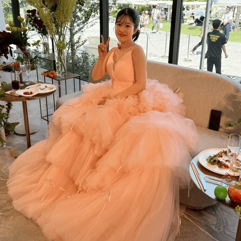 実例写真！カラードレス ピンク キャミソール リボン 編み上げ 可