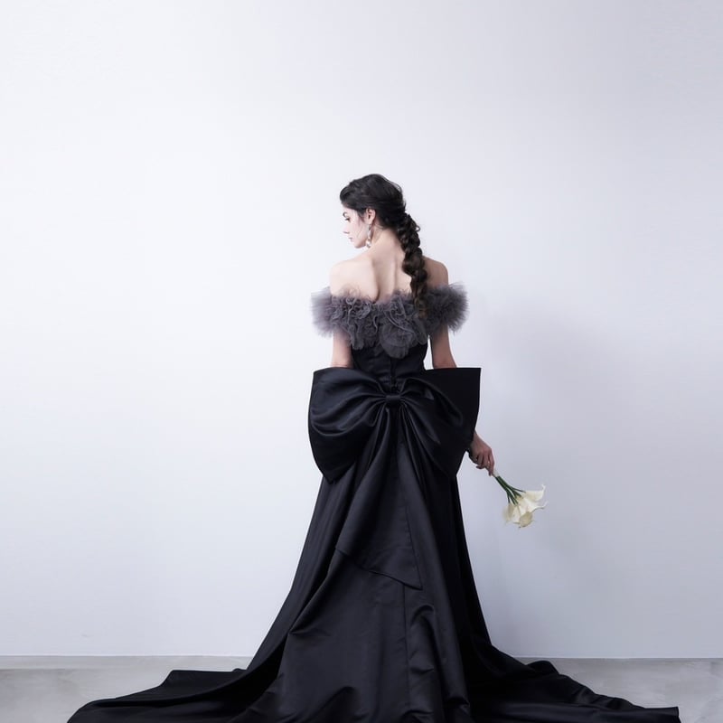 色直し パーティードレス 黑 ベアトップ リボン サテン スレンダー  