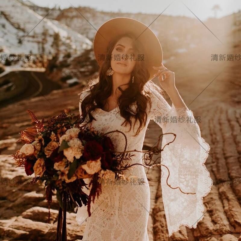 高品質！総レース ウエディングドレスオフ フレア袖 マーメイドライン