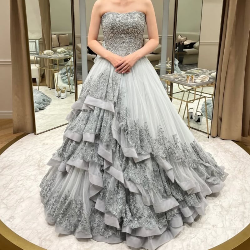 グレー ストラップレス フリルカラードレス カラードレス ロングドレス