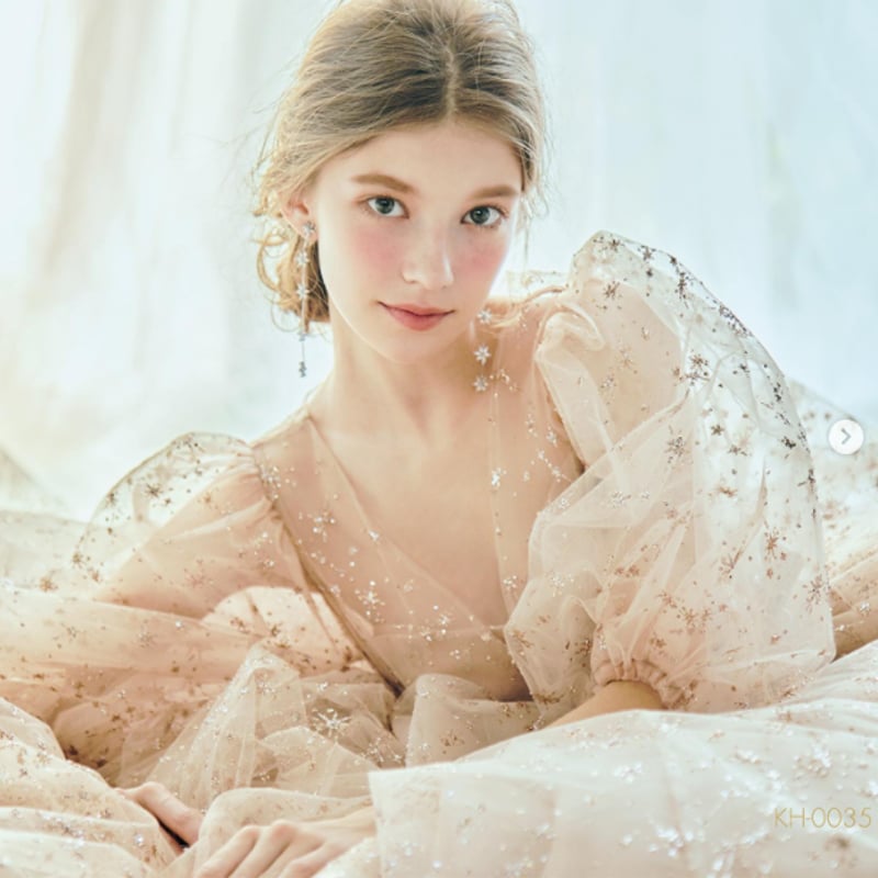 美品！ カラードレス シャンパン色 キラキラチュール エンパイアライン  