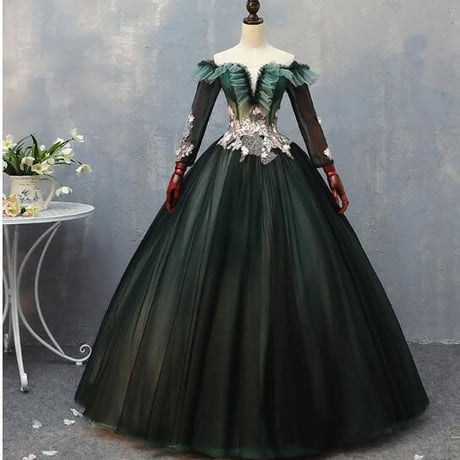 ウエディングドレス 深めな緑 ソフトチュール シースルー袖　オフショル クラシカル ロング イブニングドレス