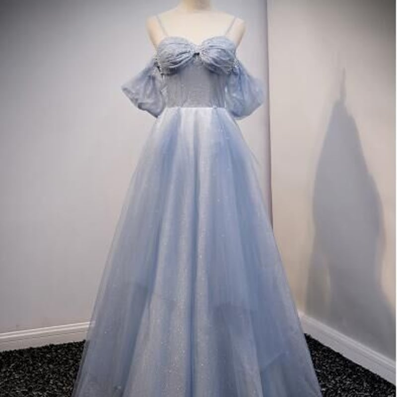 ライトブルー キャミソール 胸元フリル カラードレス エレガント  