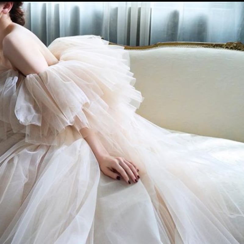 柔らかく重ねたチュールスカート ドレス 薄シャンパンの色 オフショル  