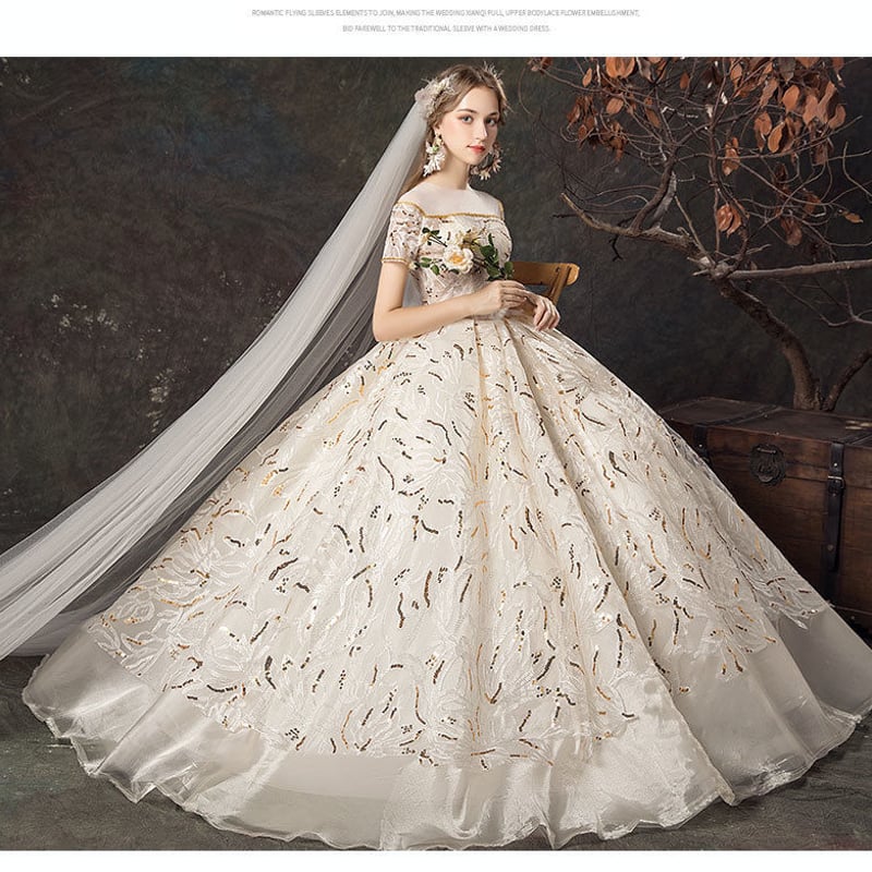 カラードレス シャンパン色 上質オーガンジー スパンコール オフショル  