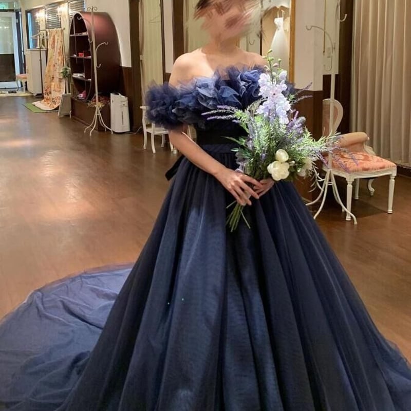 ネイビー(青紫)　チュール　カラードレス カラードレス ネイビー 取り外しオフショルダー チュール