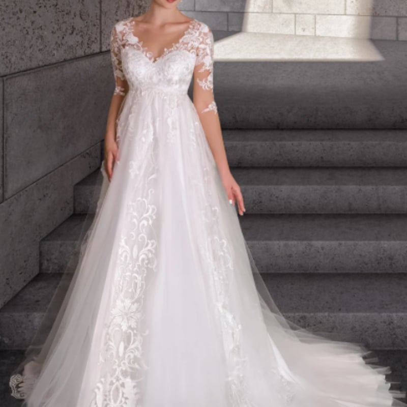 エレガント ウエディングドレス エンパイアライン 短トレーン V字领 七  