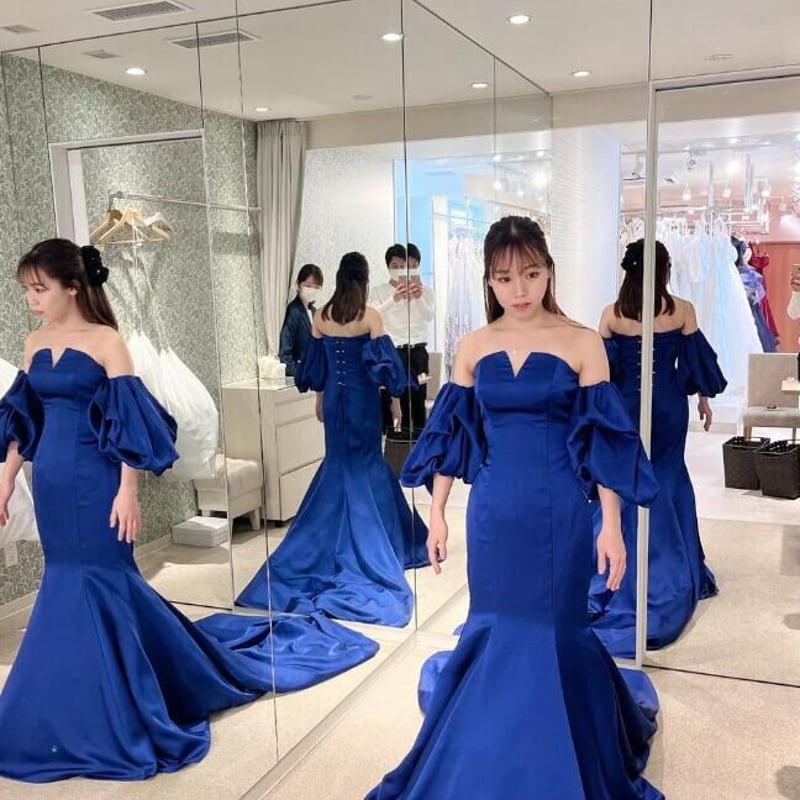 クラシカル 青/ブルー 光沢サテン オフショルダー リボン 花嫁/結婚式  