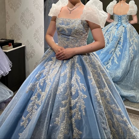 カラードレス   爽やかで優しいブルー    取り外し袖   キラキラ光る刺繍    華やかなトレーン   編み上げ  結婚式   抜群のおしゃれ見え