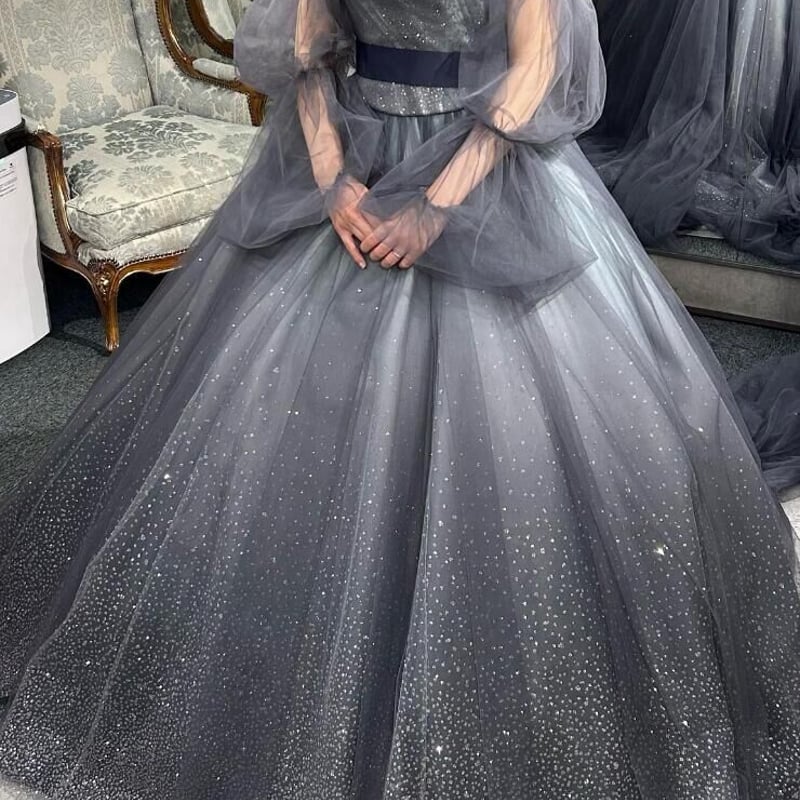 カラードレス シルバーグ シースルー袖 キラキラチュール 花嫁  