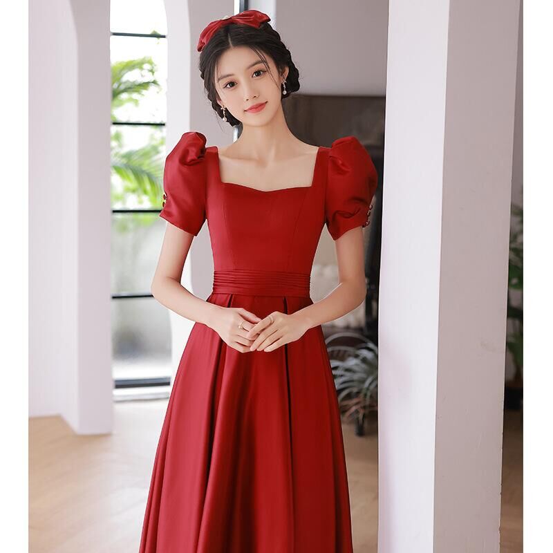 パーティードレス ボルドー色 スクエアネック パフスリーブ リボン 細  