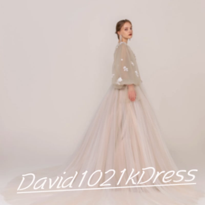 カラードレス アンズの色 前撮り シースルー袖 小花レース 花嫁