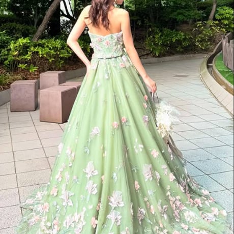 カラードレス    ベアトップ   花モチーフ    短トレーン   花嫁  前撮り   プリンセスライン   ミントグリーンドレス