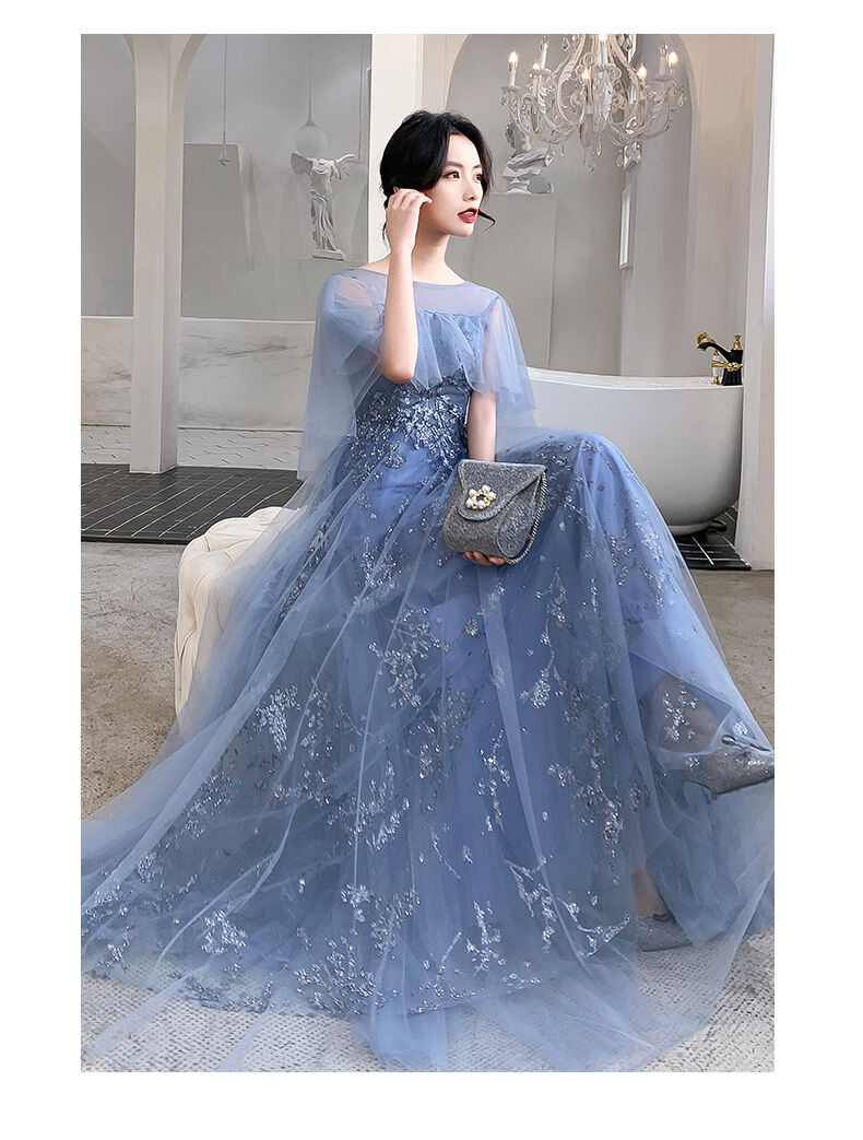 パーティードレス プリンセス風 パフ袖 ロング 韓国 水色 hr8248 パーティードレス プリンセス風 パフ袖 ロング 韓国 水色 hr8248