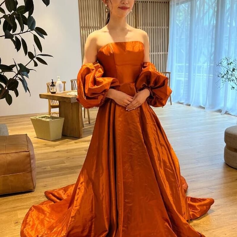 オレンジ オフショルダー パフスリーブ ロングドレス