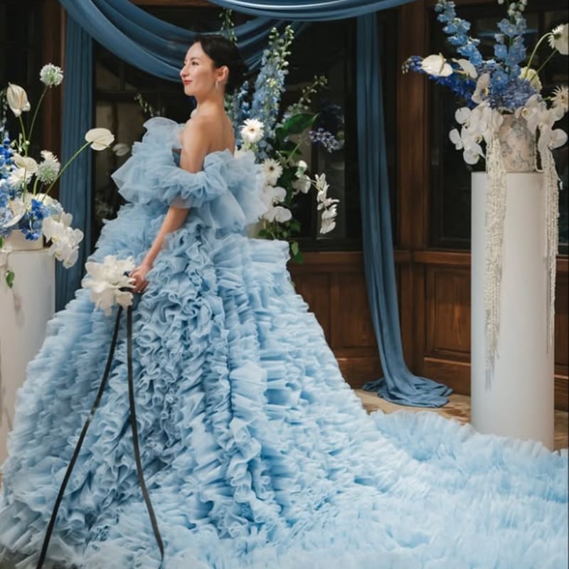 カラードレス オフショルダー 爽やかで優しいブルー ソフト