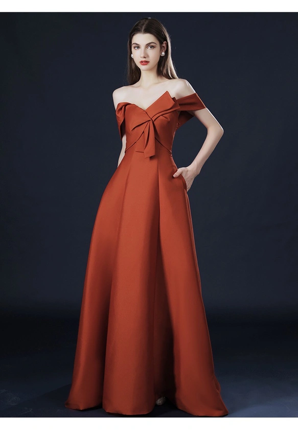 オフショルダー テラコッタ フロントリボンウエディングドレス