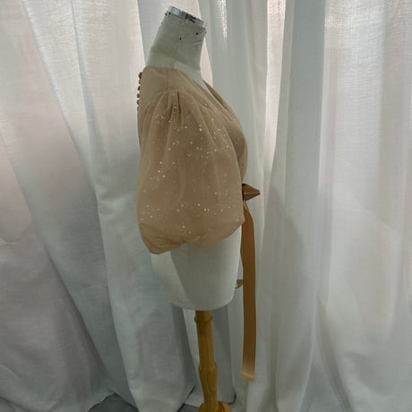 トップス ブラウン シークインチュール サッシュベルト くるみボタン+ファスナー 短袖 花嫁 前撮り
