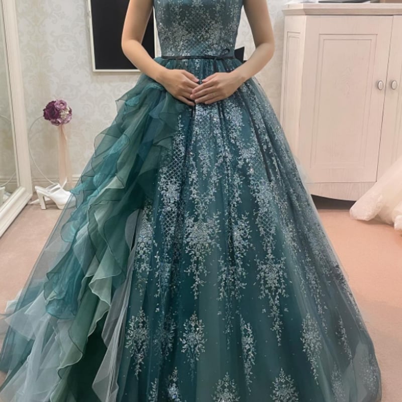 上品 カラードレス グリーンチュール グリッター 編み上げ リボン  