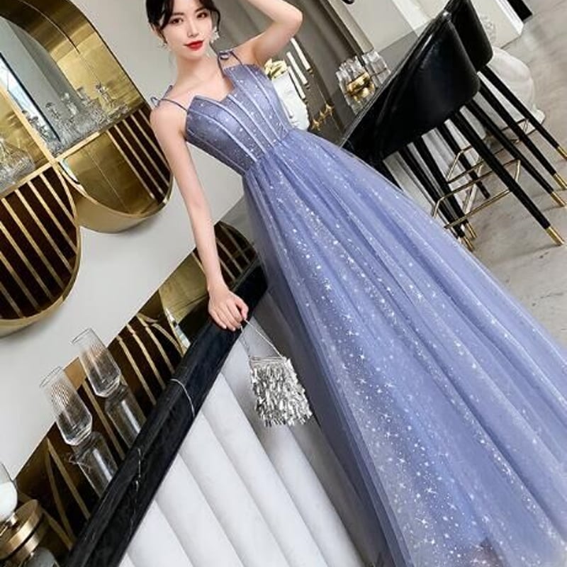 上品！パーティードレス 薄青 キャミソール 上質オーガンジー 2次会  