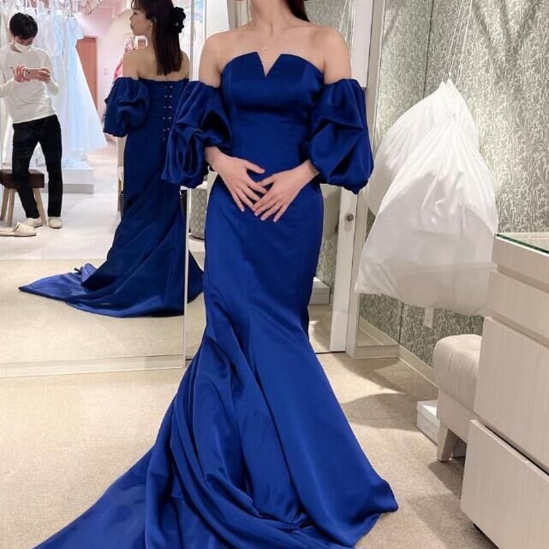 クラシカル 青/ブルー 光沢サテン オフショルダー リボン 花嫁/結婚式  