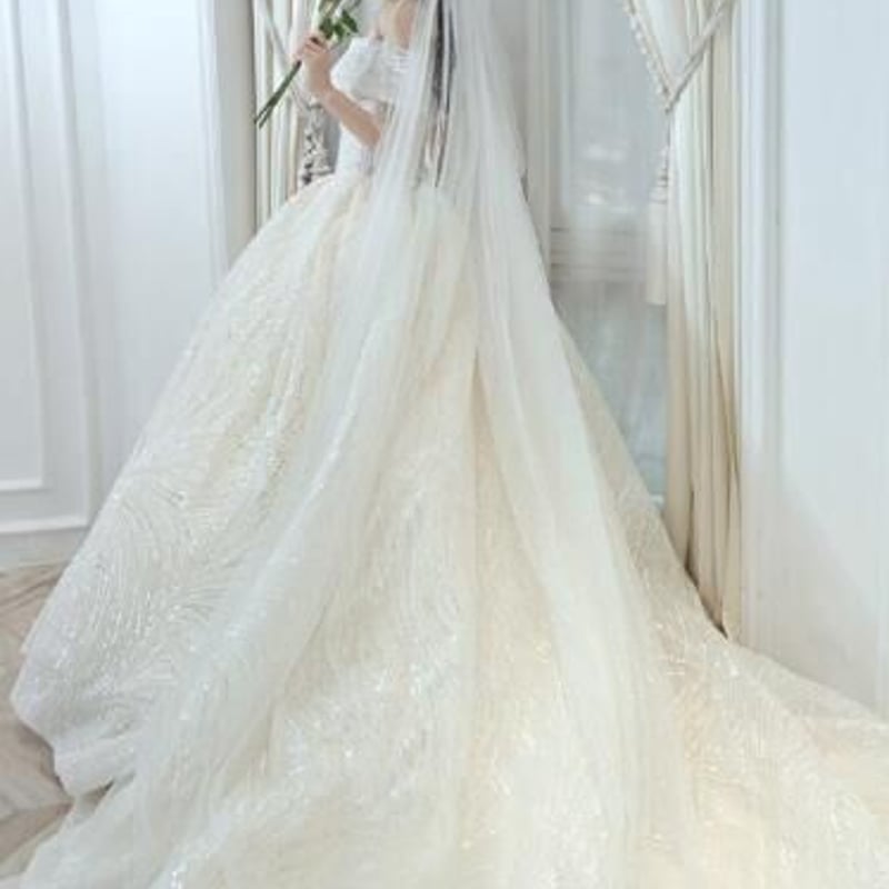 ウェディングドレス オフショル チュール(リボン、ヴェール付き) 高品質！ウエディングドレス ホワイト オフショル キラキラ