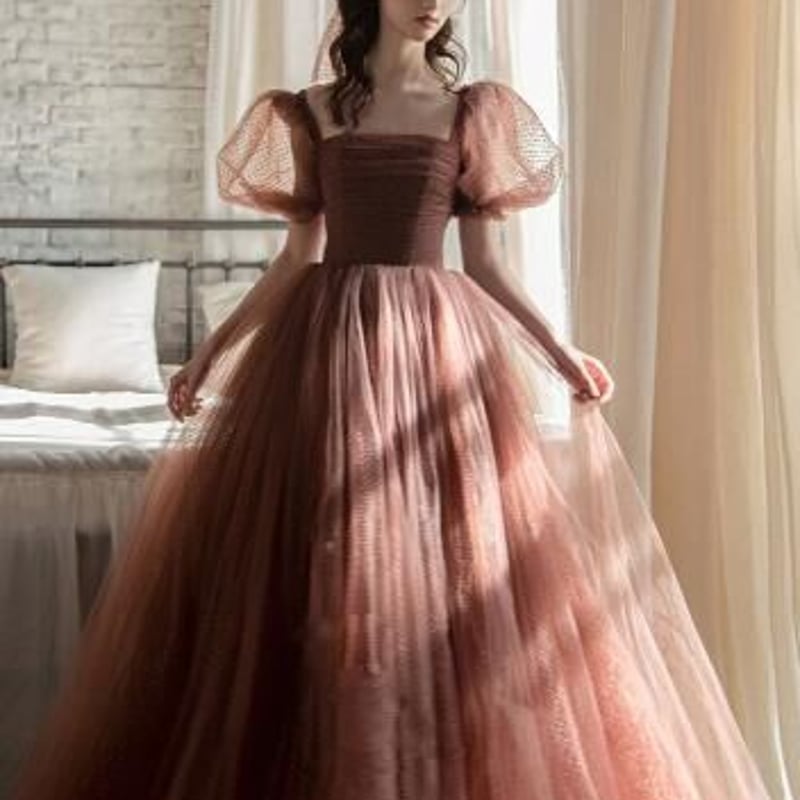高品質！パーティードレス大人気上昇 ソフトチュール パフスリーブ  