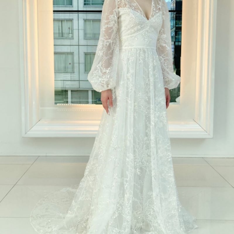 フランス風 ウエディングドレス エアリー感 総レース 短トレーン 長袖  