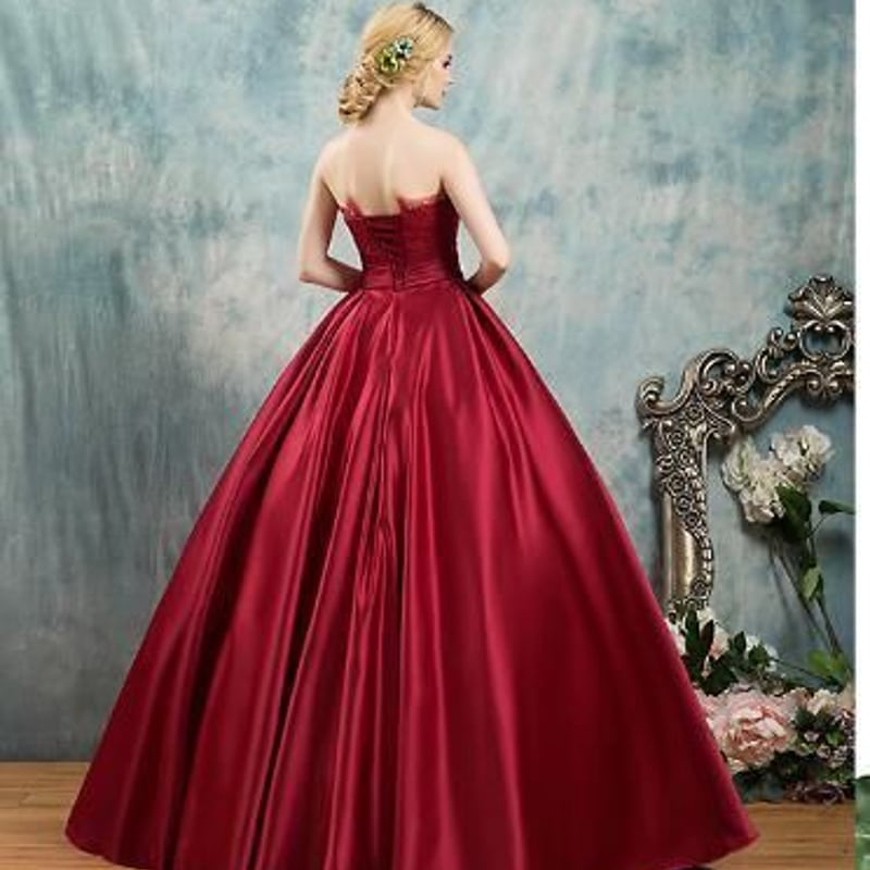 カラードレス ワインレッド 光沢サテン 繊細レース ベアトップ 美品  