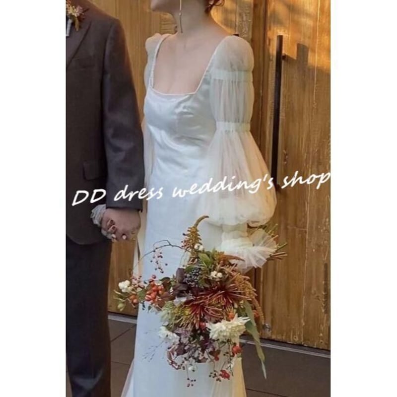 フランス風 スクエアネック 姫袖 ウエディングドレス マーメイドライン  