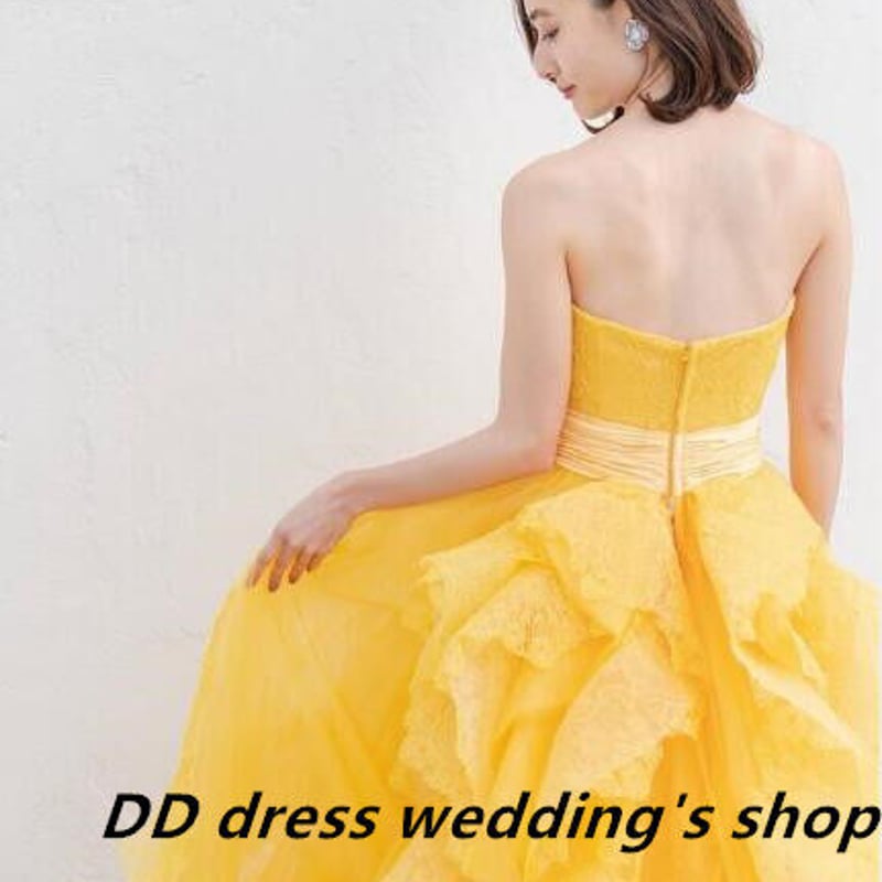 高品質！ カラードレス イエロー ベアトップ 3D立体レース刺繍  