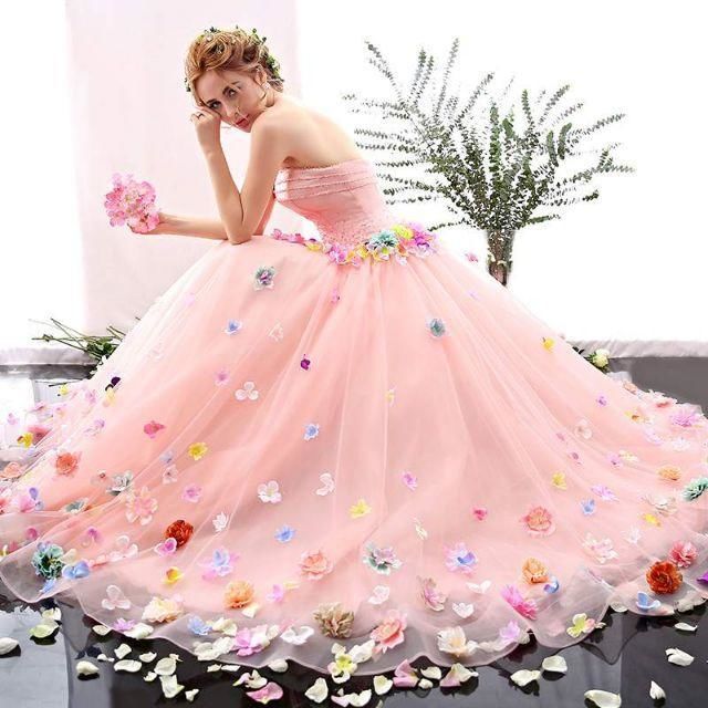 カラードレス ロング 贅沢な花 ウエディングドレス フラワードレス 