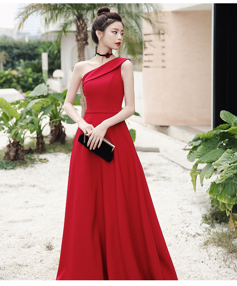 人気上昇 パーティードレス ワインレッド ワンショルダー ロングドレス  