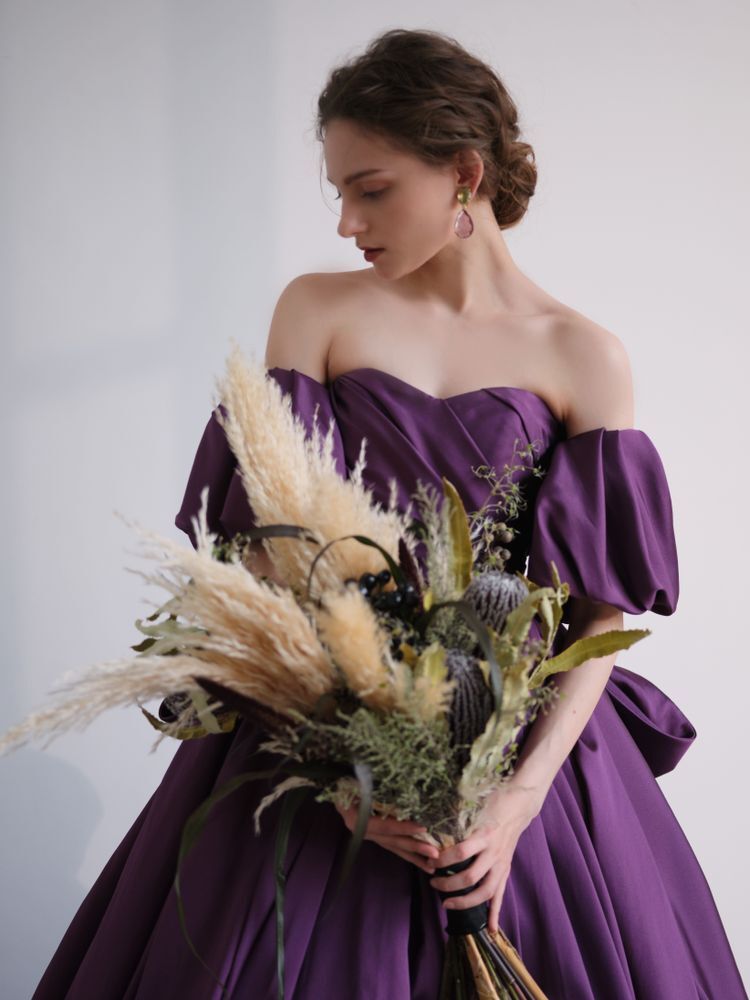 高品質！ カラードレス パープル プリンセスライン ミニトレーン 姫袖  