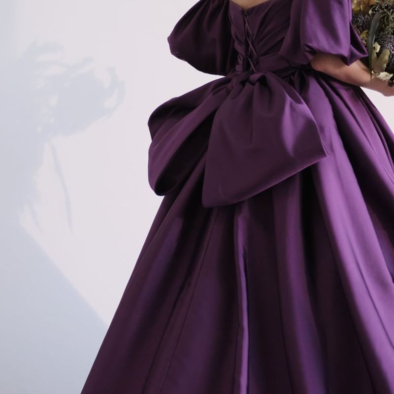 高品質！ カラードレス パープル プリンセスライン ミニトレーン 姫袖  
