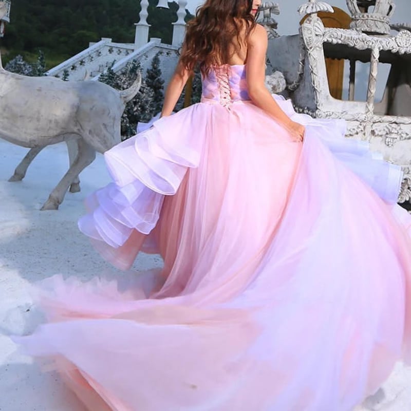 高級カラーウェディングドレス ピンク紫 トレーン プリンセス風 ...