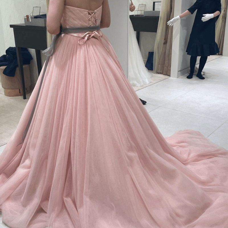 カラードレス ウェディングドレス ベアトップ サッシュベルト ピンク 結 