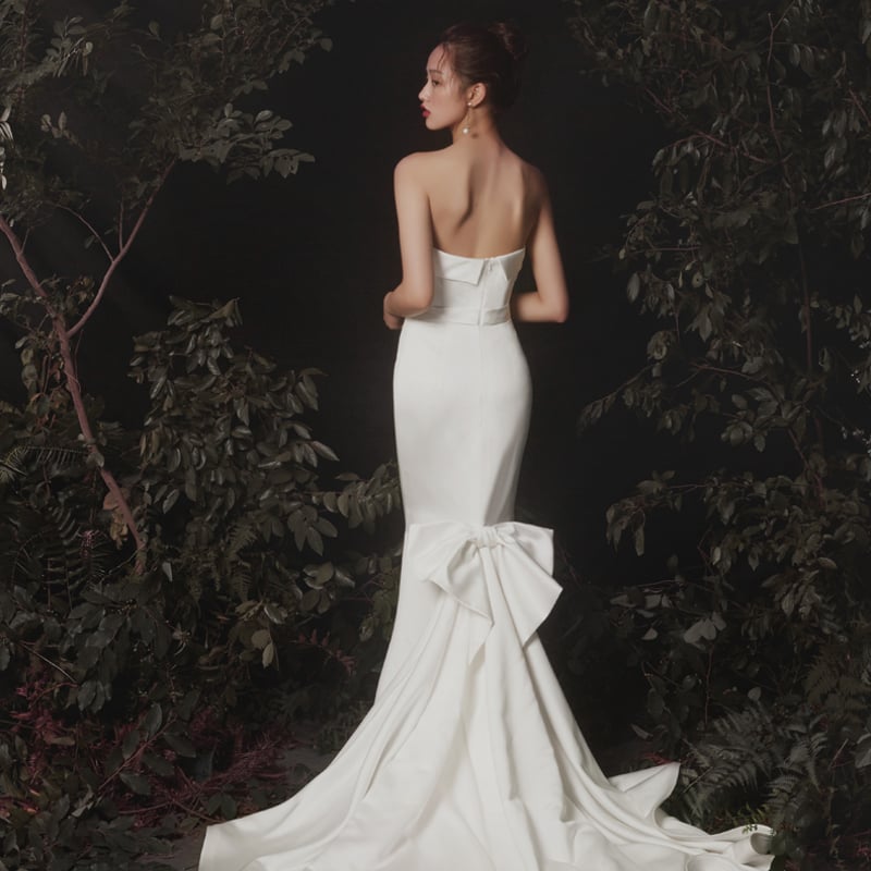 ホワイト マーメイドドレス ストラップレス フランス風 ベアトップ ウエディングドレス ホワイトマーメイドライン