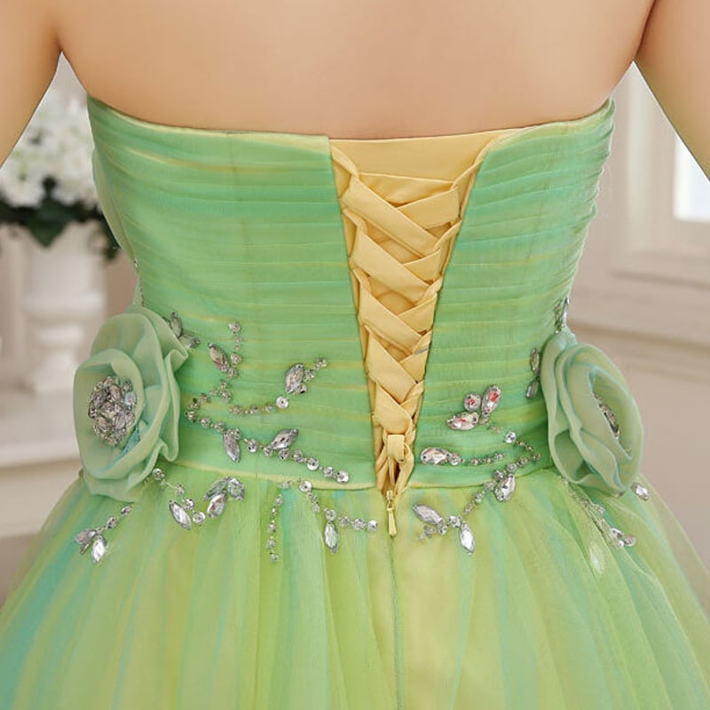 カラードレス 深めな緑 ソフトチュール ベアトップ ビジュー 編み上げ  