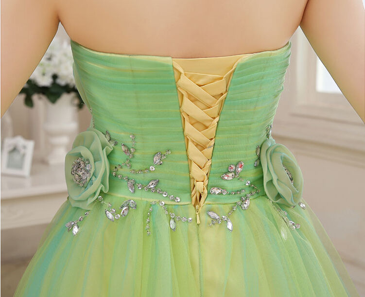 カラードレス 深めな緑 ソフトチュール ベアトップ ビジュー 編み上げ  