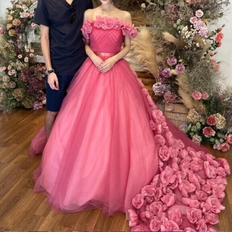 豪華高品質 カラードレス ピンク 3Dバラの花 ハンドメイド薔薇花 結婚