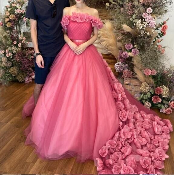 豪華高品質 カラードレス ピンク 3Dバラの花 ハンドメイド薔薇花 結婚 