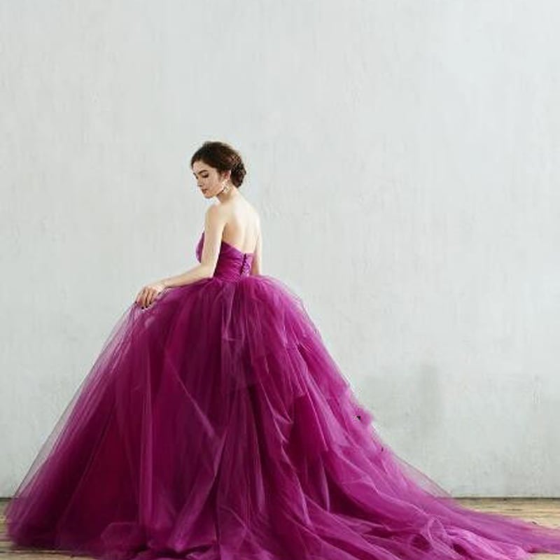 高品質！マゼンタ カラードレス ベアトップ プリンセスライン