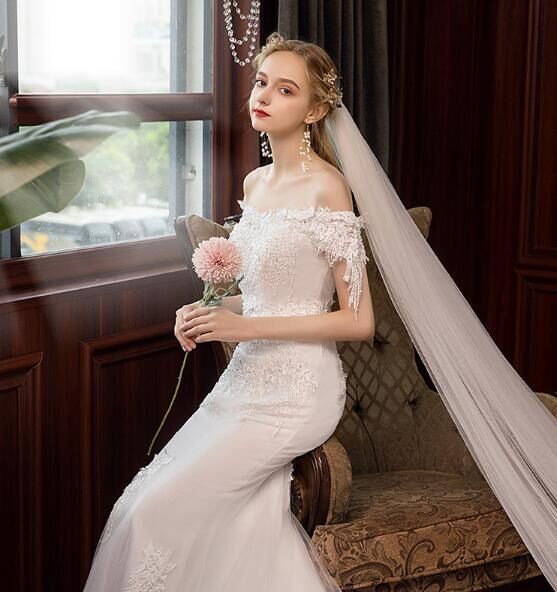 高品質！ウエディングドレス オフショル マーメイドライン 3D立体  